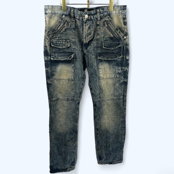 Red Ape 2017 Distressed Mens Jeans Pockets Zippers Acid Wash 34x31 - Picture 1 of 11